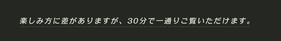 楽しみ方に差がありますが、30分で一通りご覧いただけます。